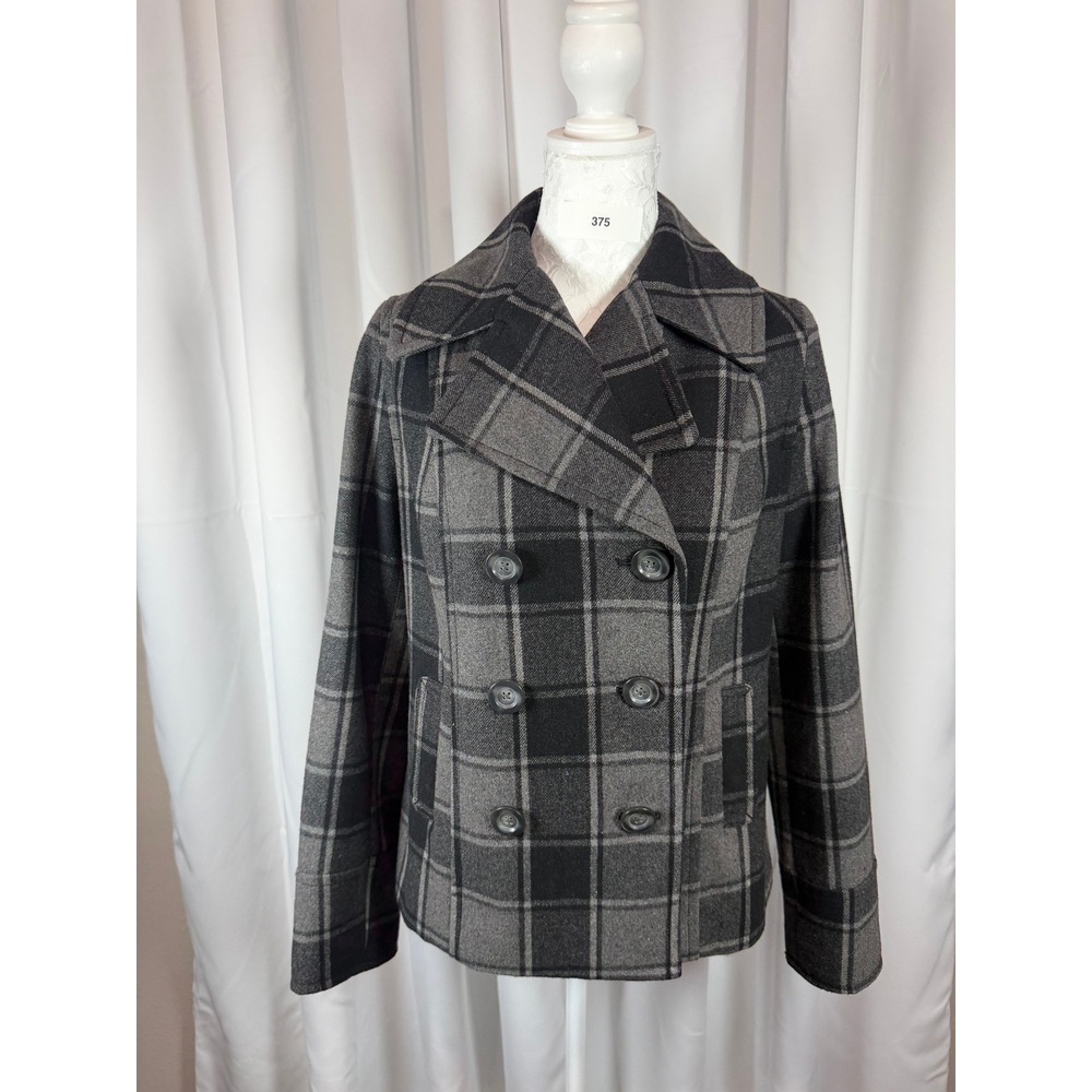 Old Navy Womens Grey Black Plaid Wool Blend Double Breasted Pea Coat Size Small
